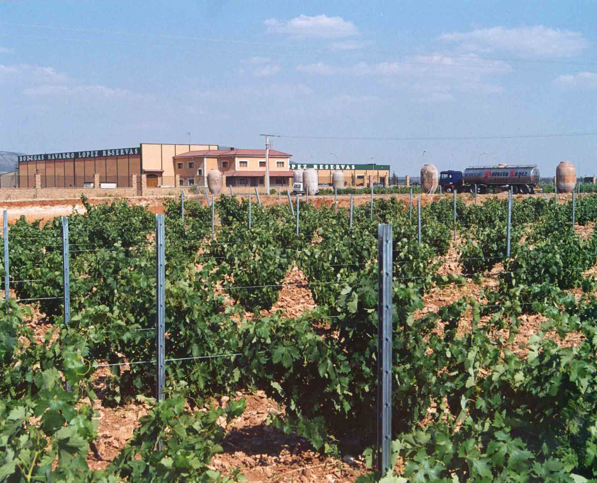 Bodegas Navarro López main facility with vineyards